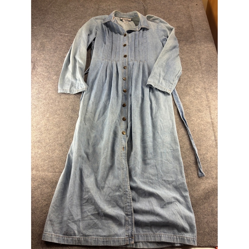 Ashlee VTG Denim Maxi Dress Womens M Light Wash Cotton Pintuck Button Up SEE